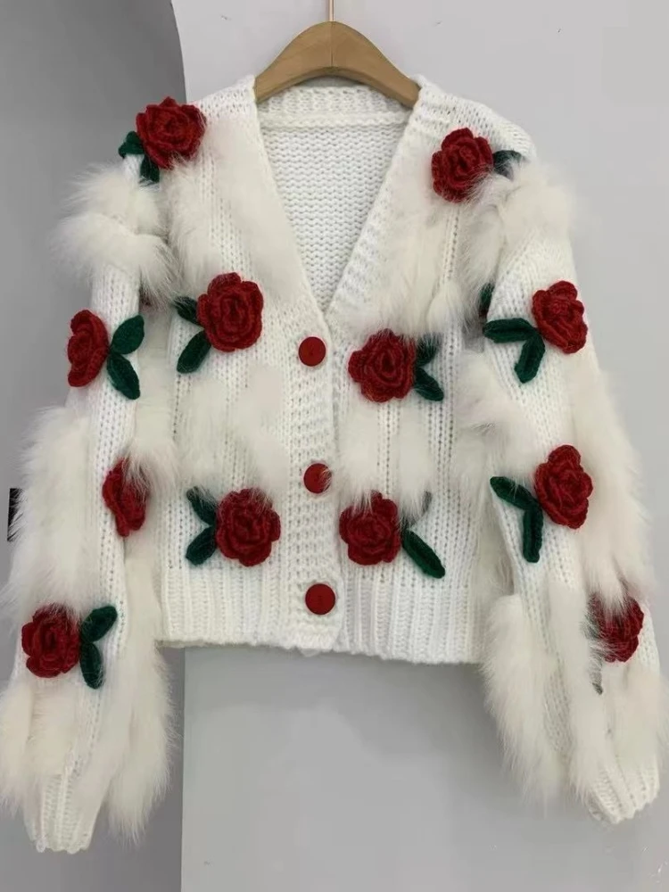 New Arrival Fashion Cardigan Autumn New Warm Soft Waxy Advanced Sweater Embroidered Three-dimensional Rose Knitwear Top