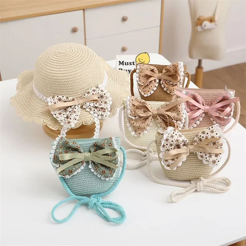 1 Children's Fashion Lace Summer Outing Sunshade Fisherman Hat and A Girl Cute Big Bow Simple All-in-one Crossbody Bag