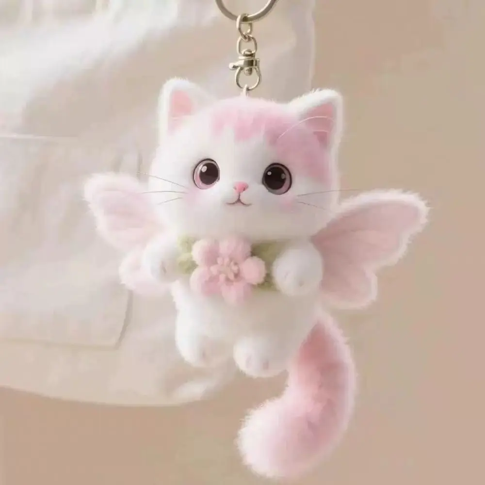 Kitten Pendant Cat Keychain Soft Furry Texture Winged Cat Pendant Realistic Kitten Shape Metal Clip HandBag Pendant