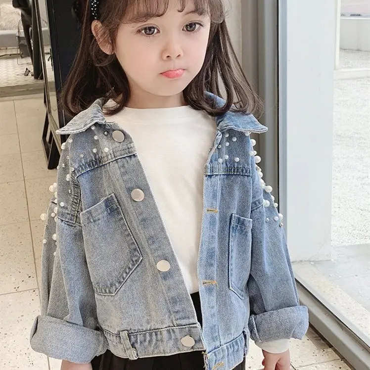 3-10 year old girl denim jacket 2024 new children\'s pearl long sleeved denim jacket baby Korean version personalized fashioncoat