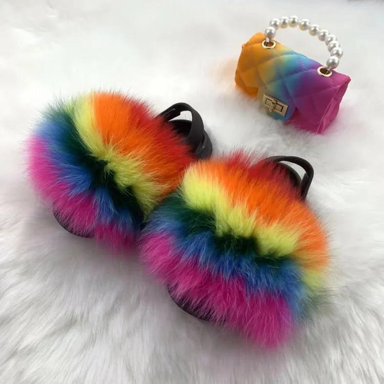 Girls Faux Fur Slippers Fullfy Furry Fur Slides Child Rainbow Jelly Bags Pearl Chain Handbag Toddler Kids Cute Fur Shoes Bag Set