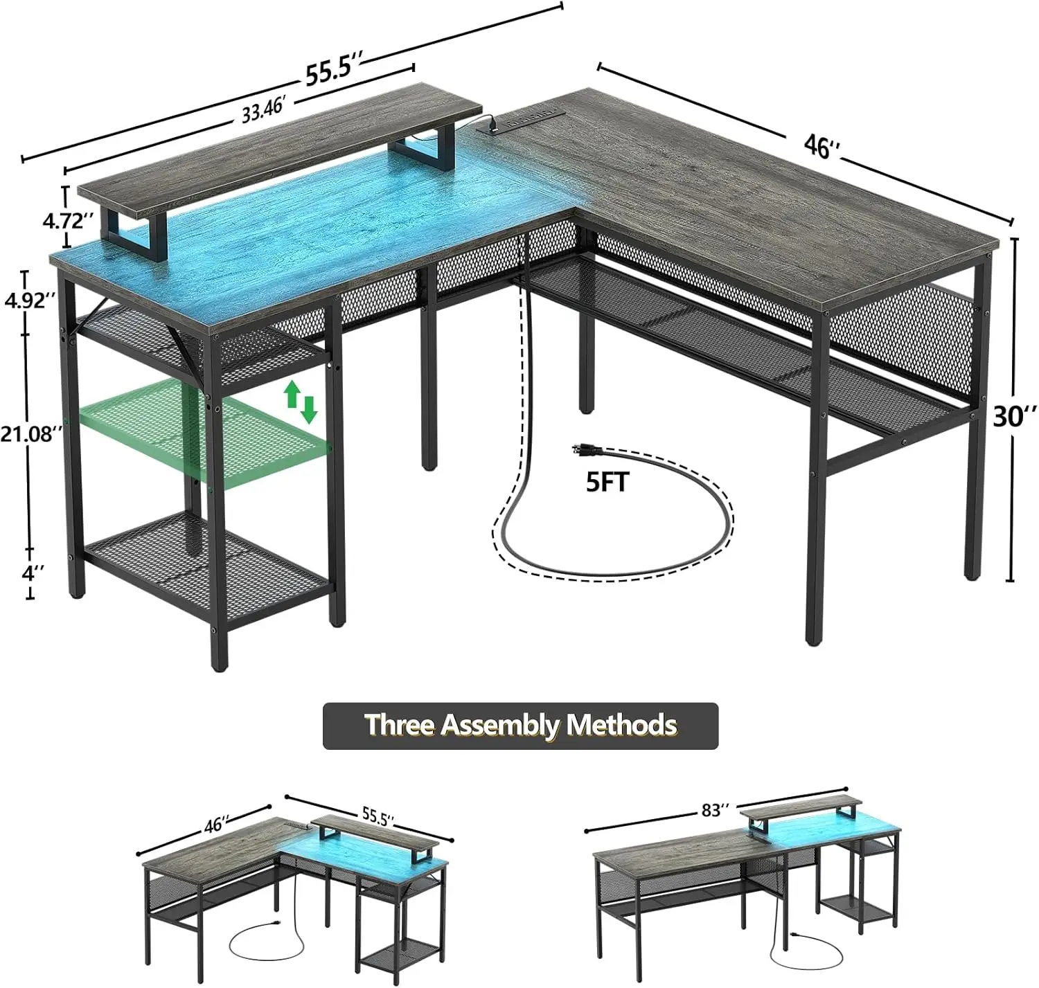 L geformter Computer tisch mit magischen Steckdosen und intelligentem LED-Licht, reversibler Büro-Eck schreibtisch