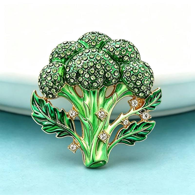 Wuli&baby Broccoli Flowers Brooches For Women Unisex Rhinestone Enamel Green Vegetable Office Casual Brooch Pins Gifts