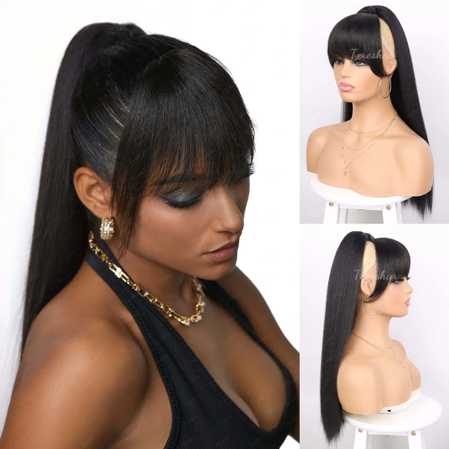 

Synthetic Yaki Drawstring Ponytail Extension with Bangs Long Yaki Straight Clip in Ponytails Extension Hairpiece for Daily Use