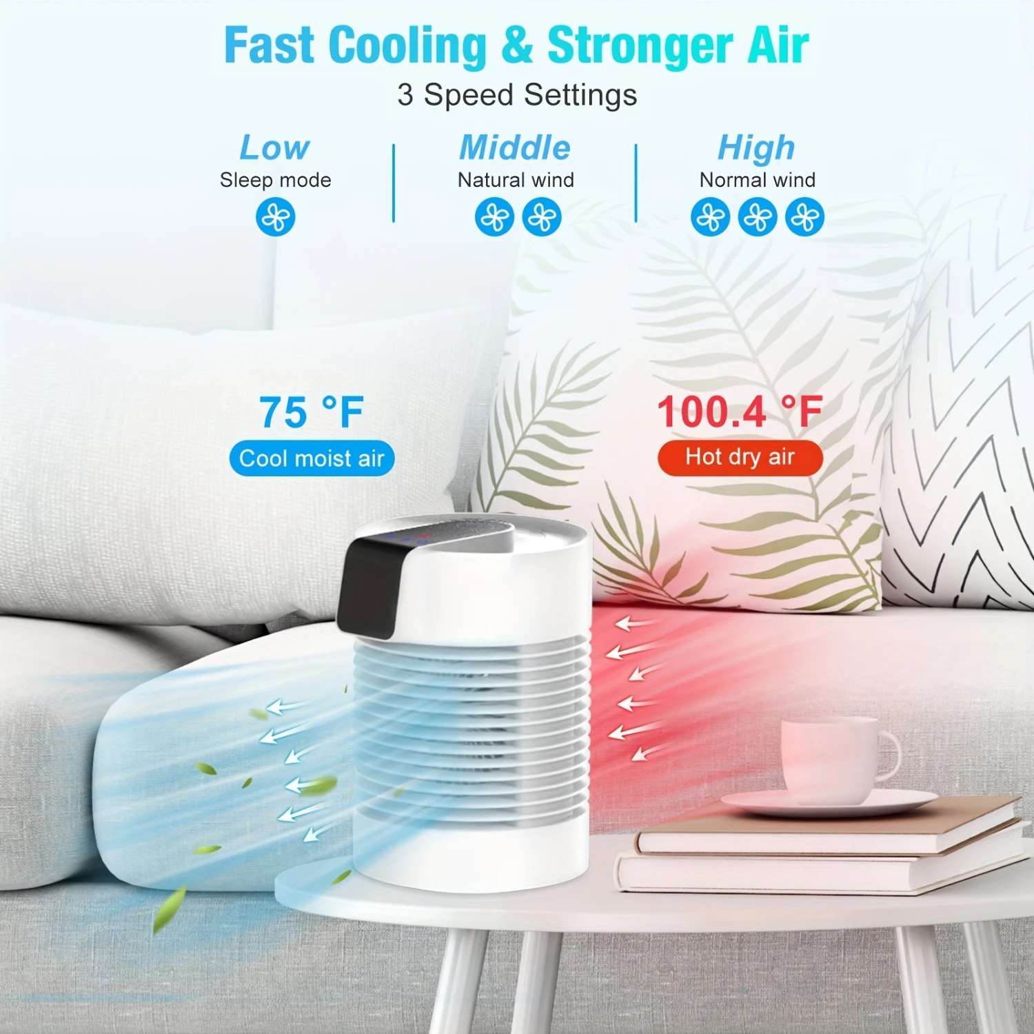 Ventilatore portatile per condizionatore d'aria, AC e umidificatore portatili 4 in 1, unità CA a 3 velocità °   Mini condizionatore d'aria rotante Personal Ai