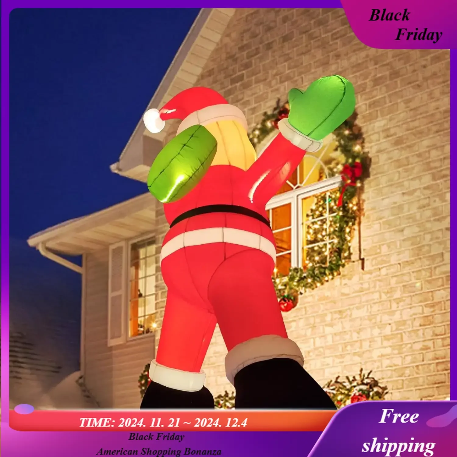 8.6FT Christmas Inflatables Hanging Santa Claus with Gift Bag, 1 Air Blower, Build-in Bright LED Lights