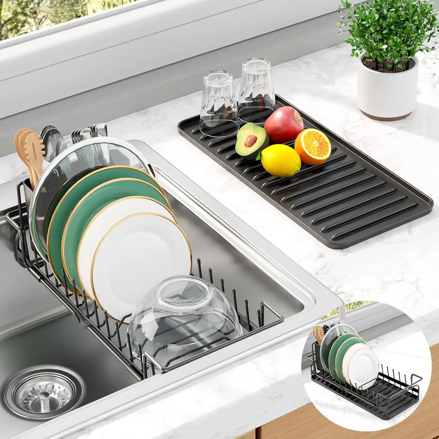 

Expandable Dish Drying Rack for Kitchen Counter or Sink, Space-Saving with Cutlery Holder & Drip Tray, Black