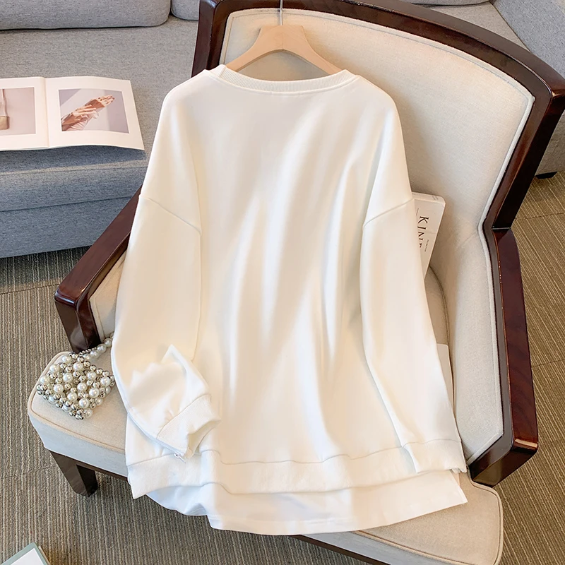 Plus-size women's spring casual terylene cotton hoodie fake two personalized design zipper double-layer sleeve commuter top