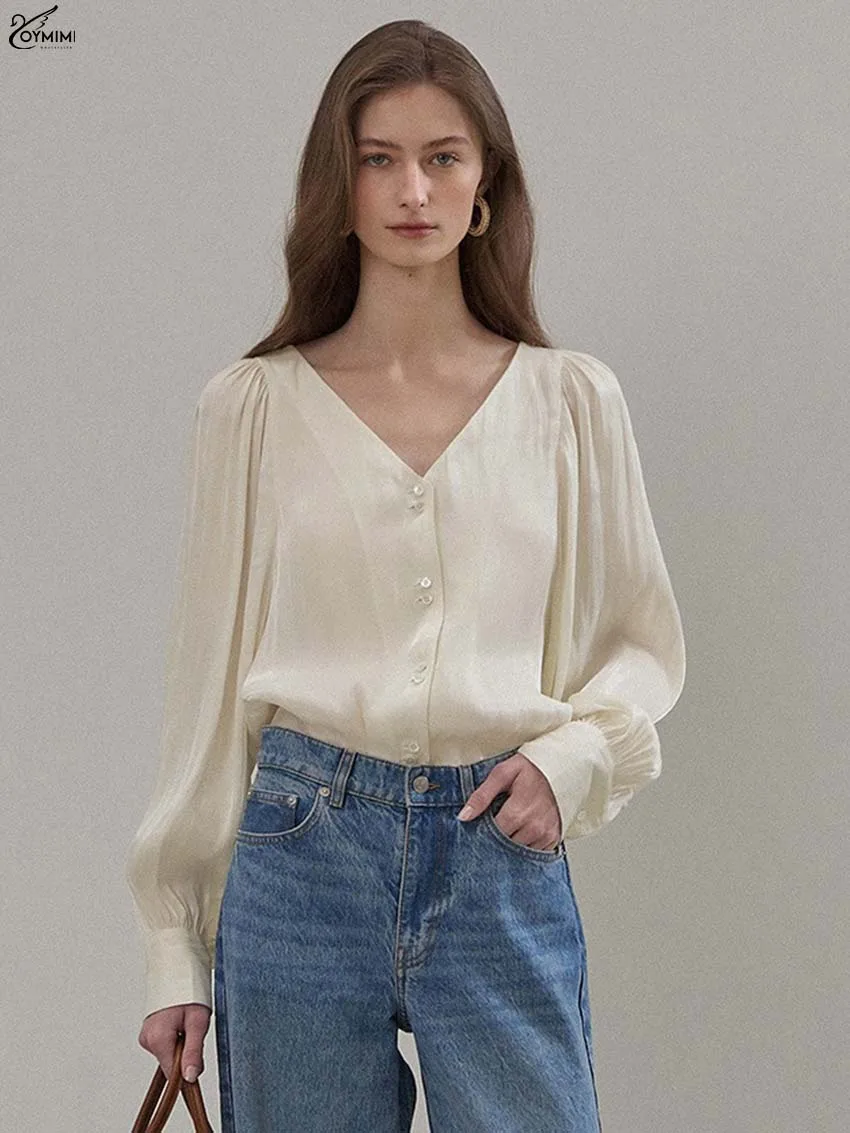 

Oymimi Fashion Beige V-Neck Woman Blouses Elegant Long Sleeve Single Breasted Blouses Autumn New Solid Simple Shirts Streetwear