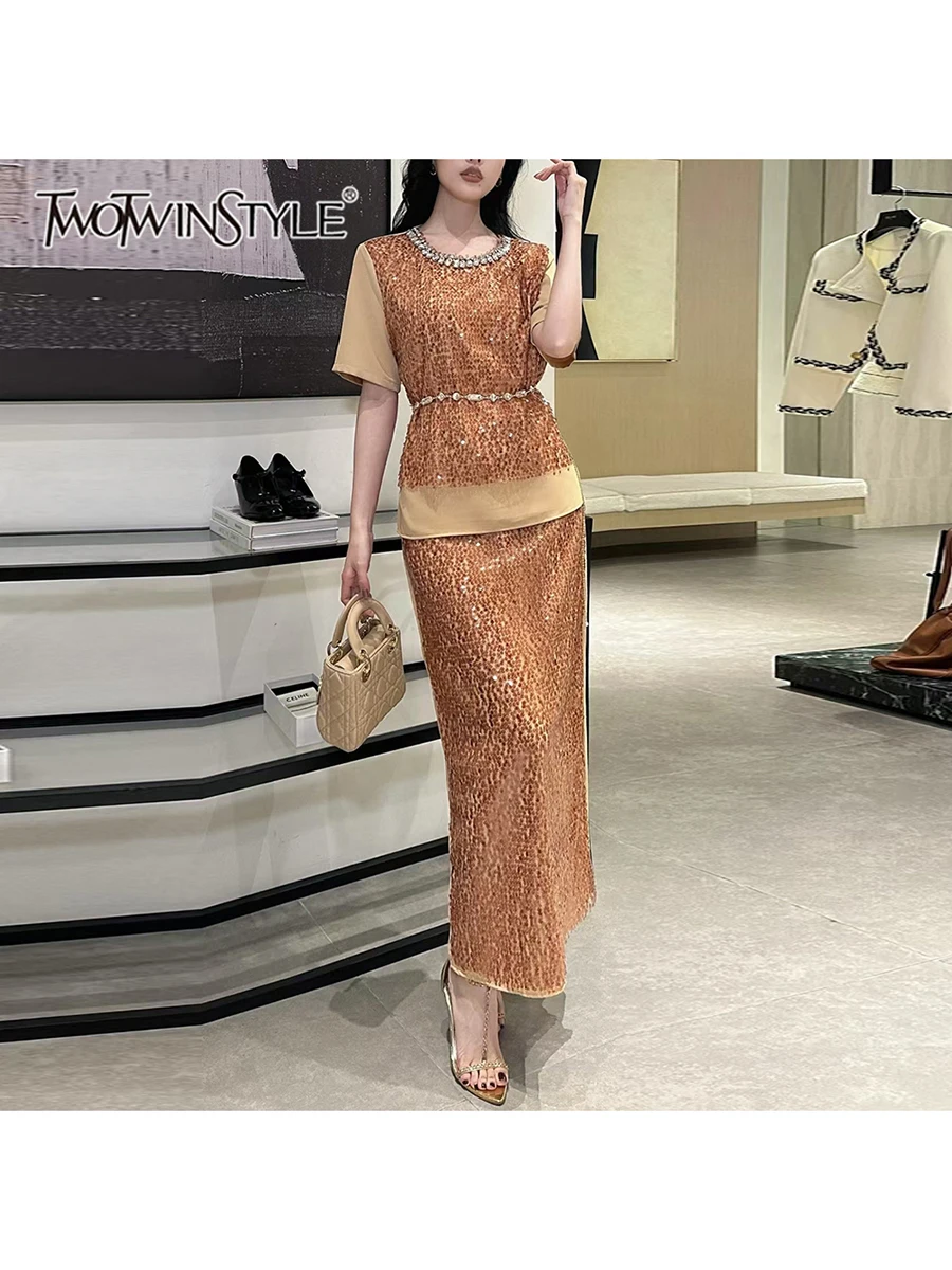 

TWOTWINSTYLE Spliced Diamonds Two Piece Sets For Women O Neck Short Sleeve Top High Waist Skirts Sets Female Fashion Style New