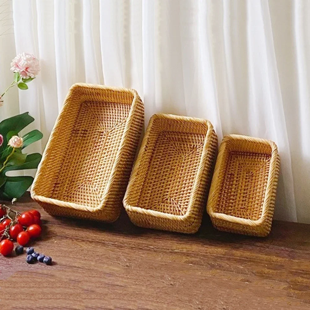 Hand-woven Round Artificial Rattan Wicker Basket Handmade Rattan Basket Household Food Cosmetic Storage Box for Cake Snack Drink