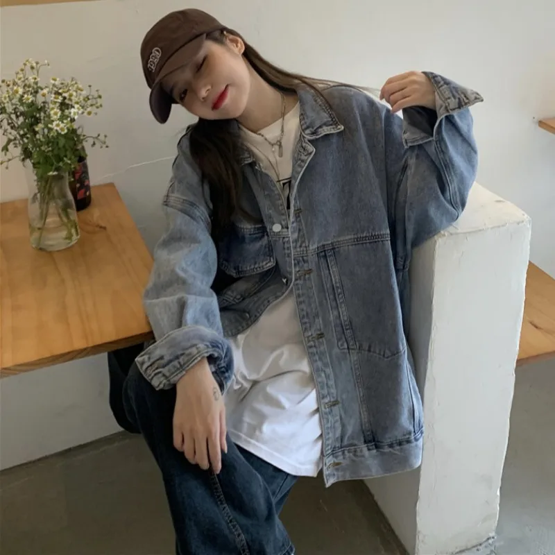 Jacken Frauen Koreanische Trendy Streetwear Baggy Casual Tasten Alle-spiel Paar Vintage Tun Alte Denim Mäntel Studenten Verbreitet Neue