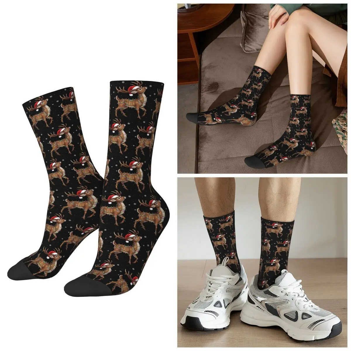 All Seasons Cheerful Reindeer Christmas Lights Socks Harajuku Sport Middle Tube Socks High Quality Stockings for Men Women Gifts