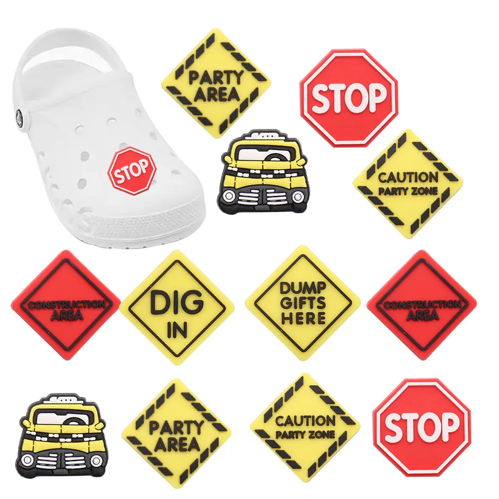 Gute Qualität 1 stücke PVC-Schuh Charms gelbes Auto Slogan rot Stop Zubehör Schuhe Schnalle Ornamente passen Kinder DIY Party Geschenk