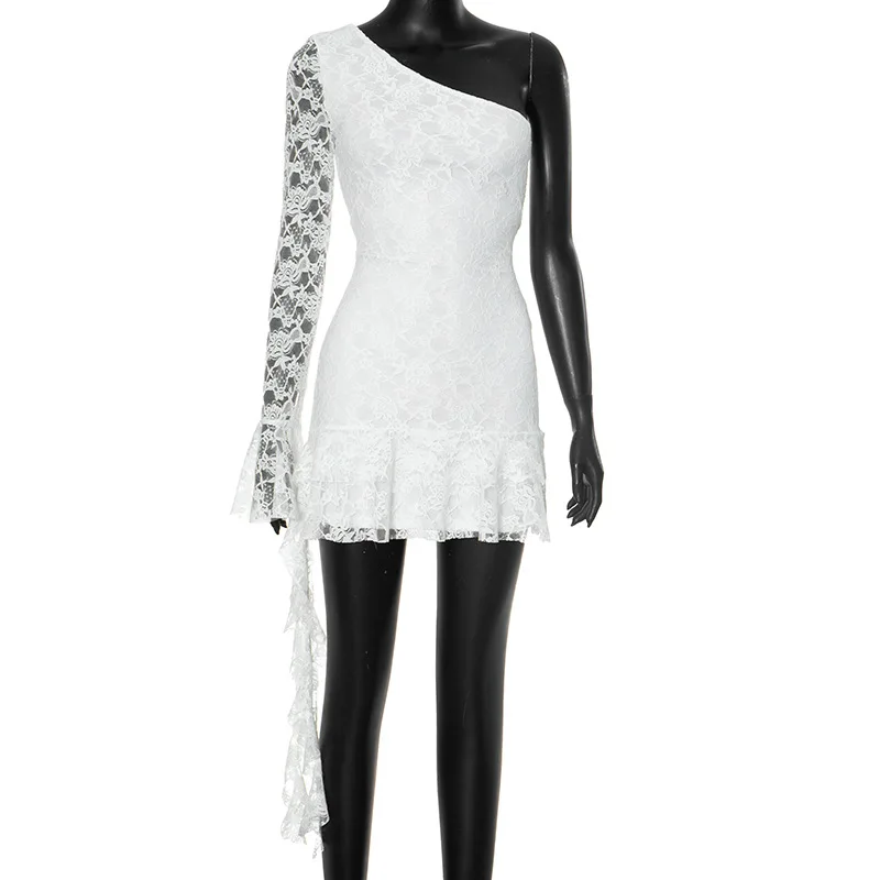 

Autumn Fashion Single Rotator Sleeve Lotus Leaf Ribbon Long Sleeve Short Women's Dress