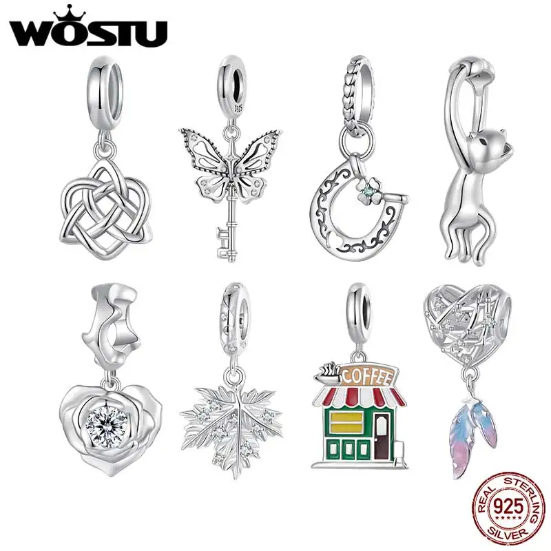 WOSTU 925 Sterling Silver lovely cat charms Horseshoe Celtic Knot Pendant Rose Heart Beads Fit DIY Bracelet Neck Valentine Gift