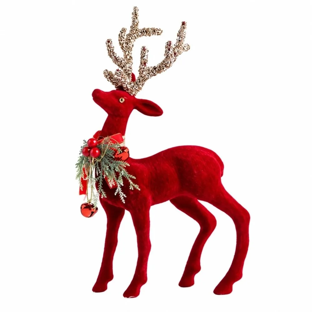 Flocking Texture Christmas Elk Figurine Shiny Antlers Exquisite Xmas Reindeer Statue Durable Scarlet Shade Glitter Bowknot Deer