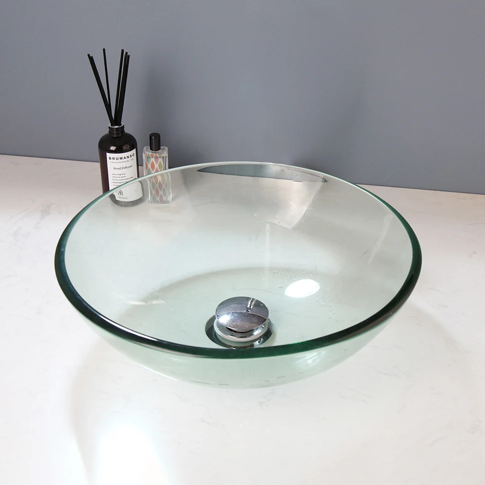 ZAPPO Round Bathroom Vessel Sinks 17 inch Tempered Glass Vessel Sink Clear Green Bathroom Sink Waterfall Bathroom Faucet Combo