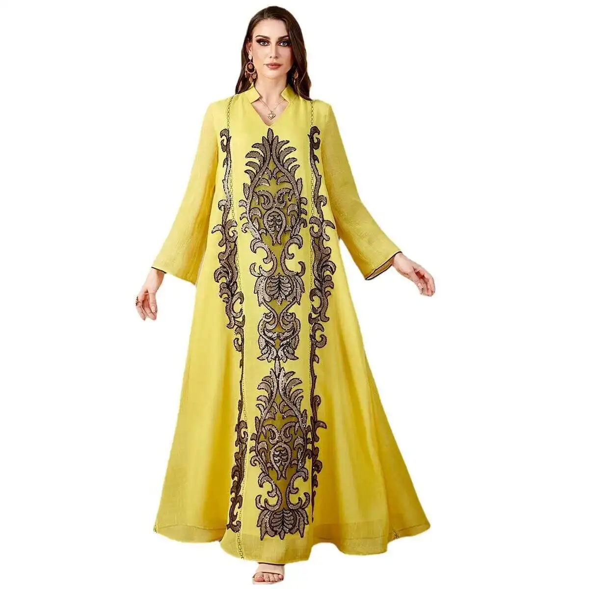 4169 Dames Gewaad Slin Geborduurde Jurk Herfst Winter Nieuwe Stijl Mu Lange Jurk Gewaad Abaya Ramadan Dubai Luxe Islam Elegant