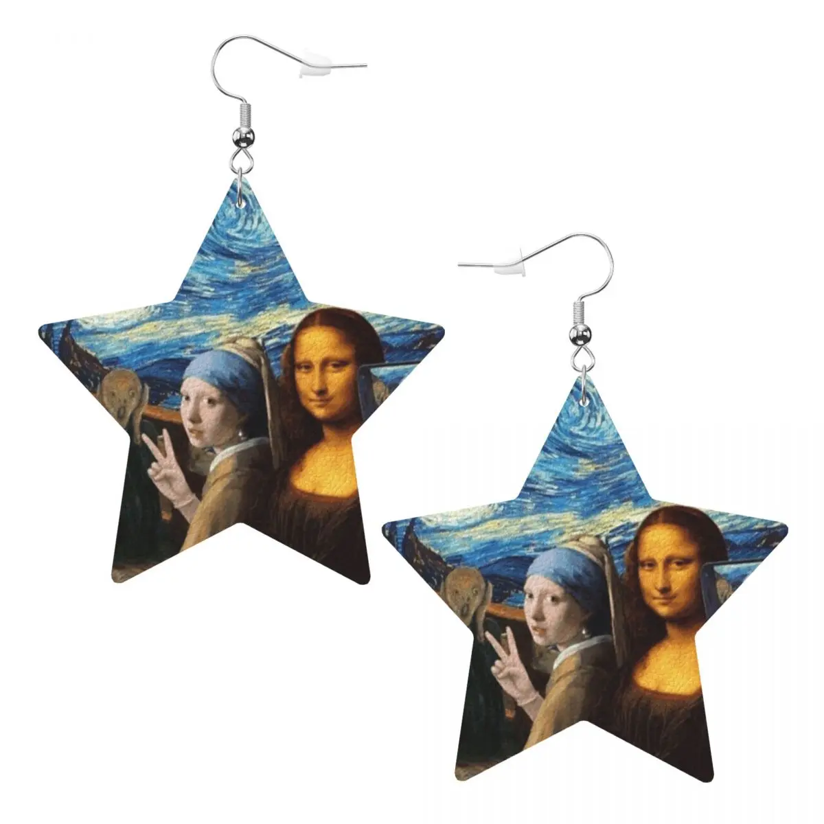 Custom Starry Night By Mona Lisa And Vincent Van Gogh Dangle Drop Earrings Leather Earrings for Women Art Painting For Party