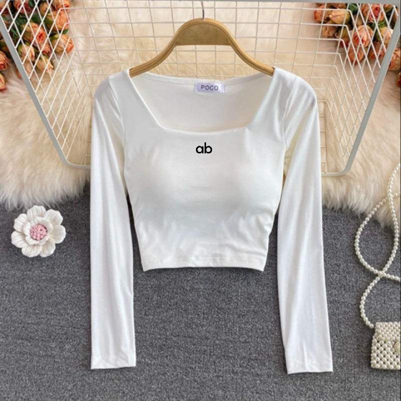 Women Korean Fashion Square Neck Long Sleeve T‑Shirt Built‑In Bra Slim Fit Cropped Casual Autumn Basic Layering Top - view 5