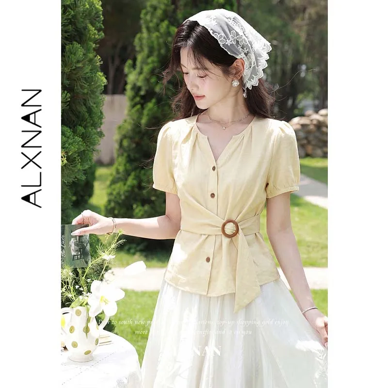 

ALXNAN Women Yellow Blouse Summer V-neck Puff Short Sleeve Tee Tops Waist Tie Ruched Slim Fit Office Lady Casual Shirt L66969A