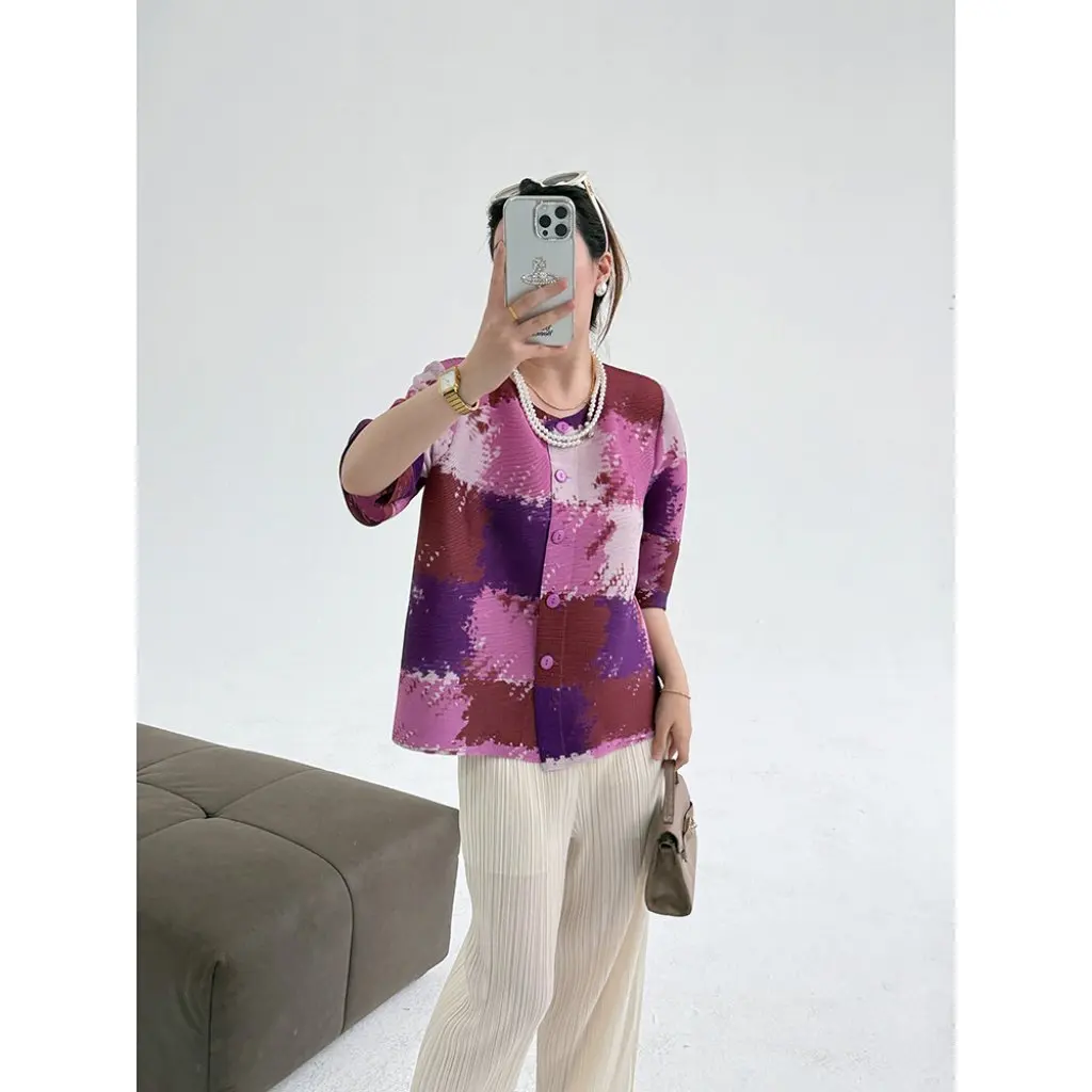 

New Fashion Plaid Print Cardigan Spring Summer Crewneck Pleated Loose Slim Fit Age-Reducing All-Match Jacket for Women