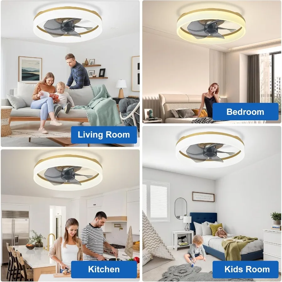 مروحة سقف LED حديثة منخفضة المستوى مع ضوء لغرفة النوم وغرفة المعيشة: تصميم ذهبي خافت بدون شفرات مع تطبيق