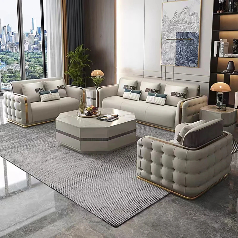 

American -Style Buckle Living Room Furniture Modern Luxury Three -Person Leather Sofa