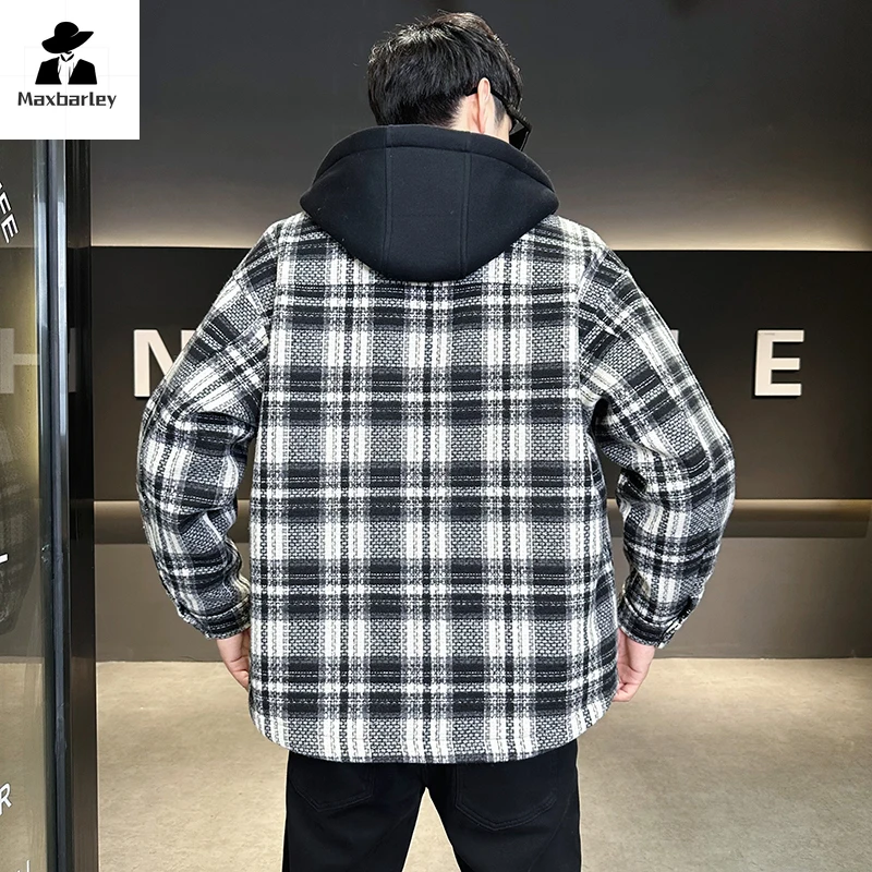 2024 New White Duck Down Padded Plaid Jacket Men's Winter Fashion Lightweight Detachable Hooded Coat Luxury Warm Puffer Jacket