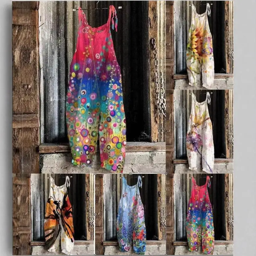 

Женские хлопковые льняные комбинезоны с принтом, длинные брюки с низкой талией, летние тонкие женские комбинезоны из полиэстера, повседневная одежда