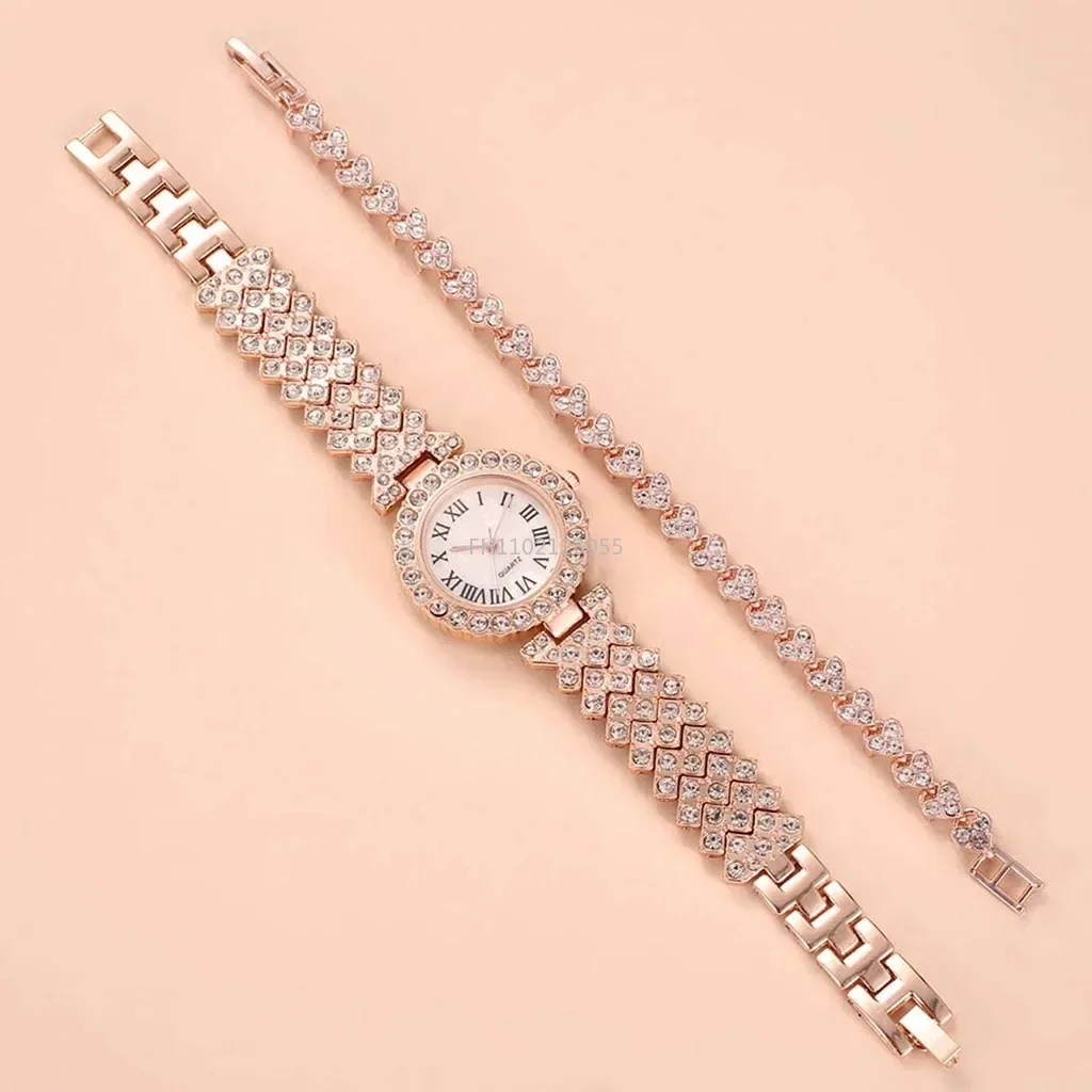 1/2Pcs Luxury Women Shiny Bracelet Watches Rose Gold Watch Fashion Ladies Elegant Quartz Diamond Wristwatch Female Reloj Mujer