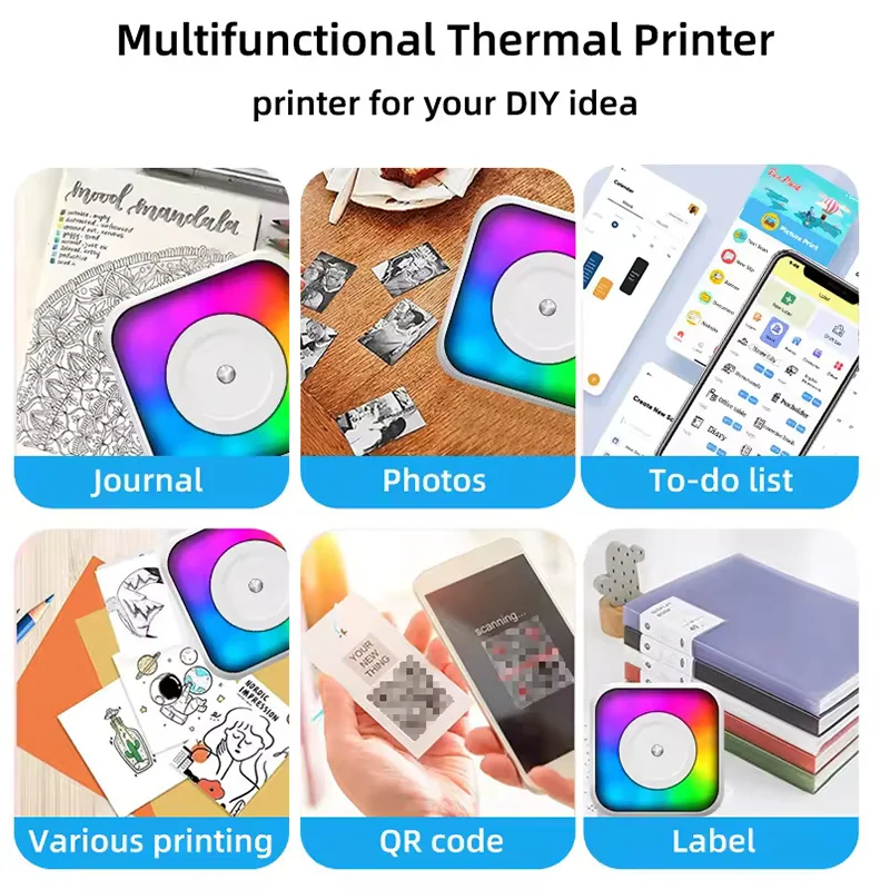 Mini Thermal Printer Office 200DPI  Inkless Note Printer with LED Light Label Photo Memo Wrong Question Printing Tag