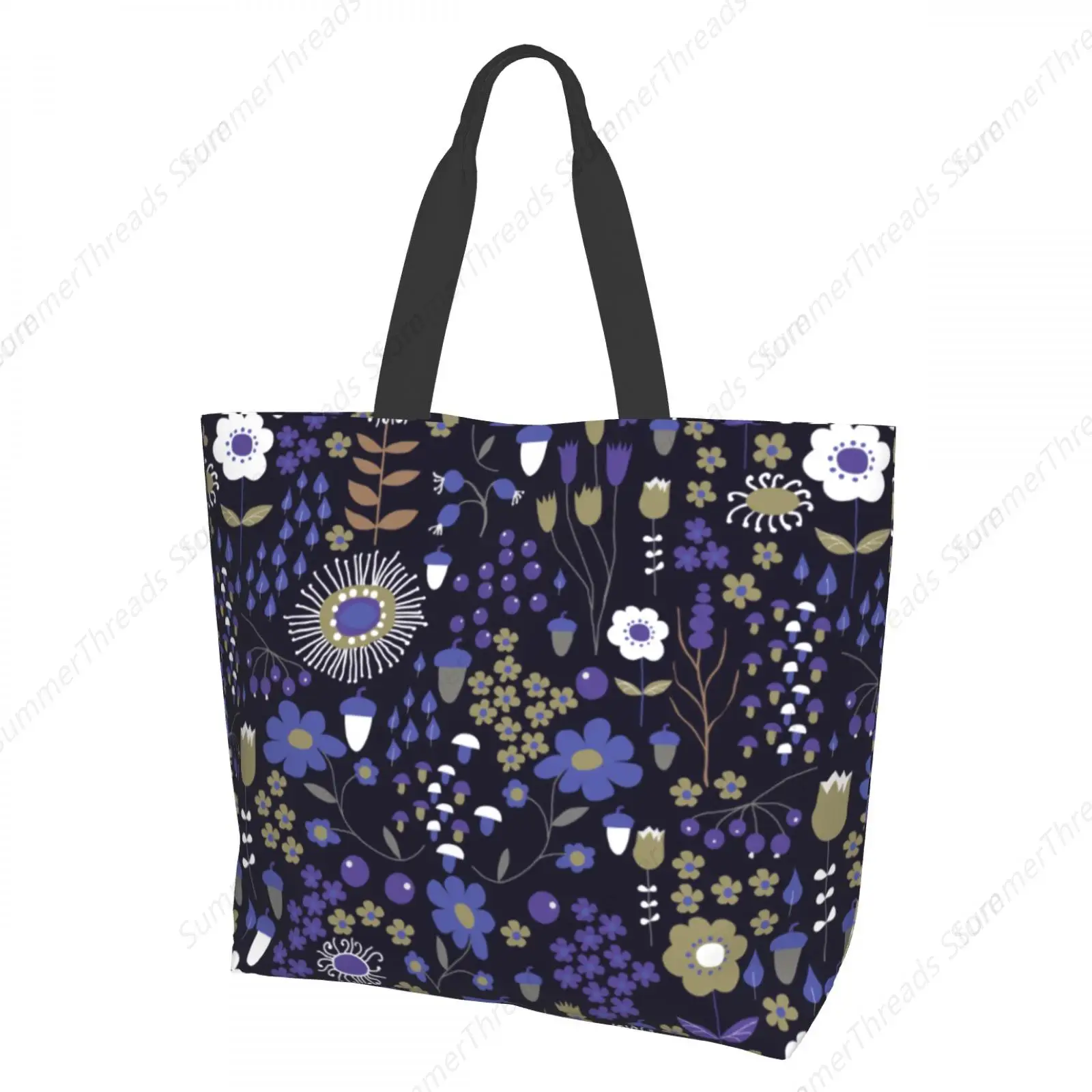 

Floral Pattern on Purple Tote Bag for Women Large Print Bags Portable Beach Bag Reusable Grocery Bags Waterproof