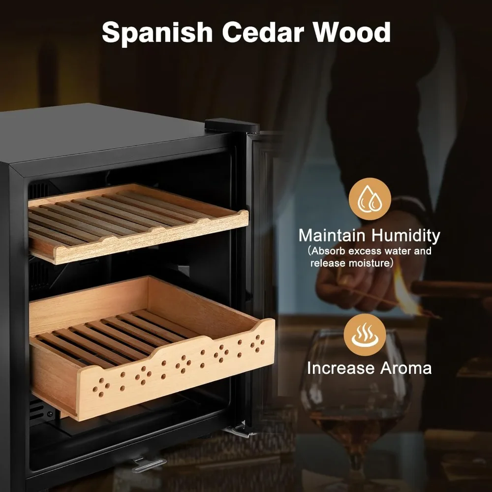 온도 및 습도 관리 기능이 있는 50리터 전기 쿨러 캐비닛, 스페인 삼나무 선반, 360개 품목 보관용 보안 잠금장치