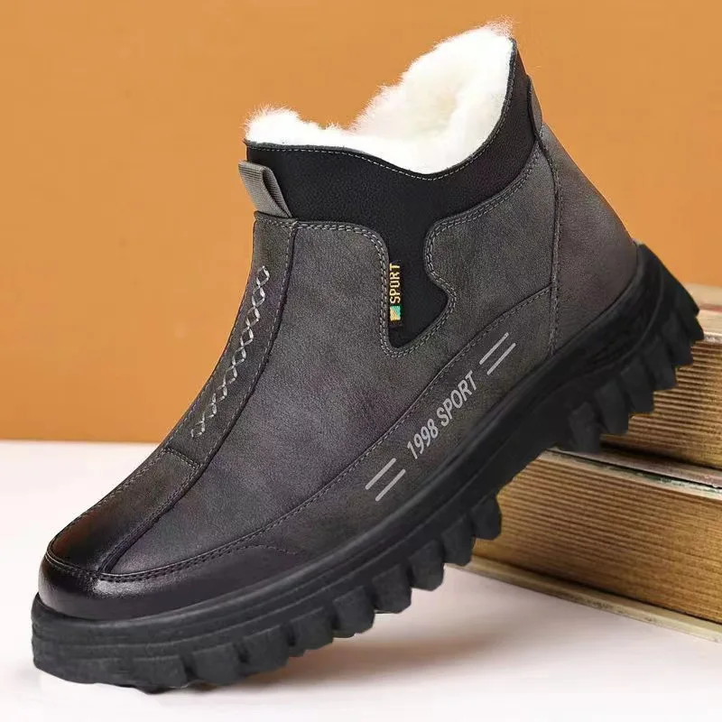 Men's Winter Casual Shoes Thickened Fleece Lined Waterproof Leather Surface Anti-slip Warm Work Shoes Round Toe Elastic Closure