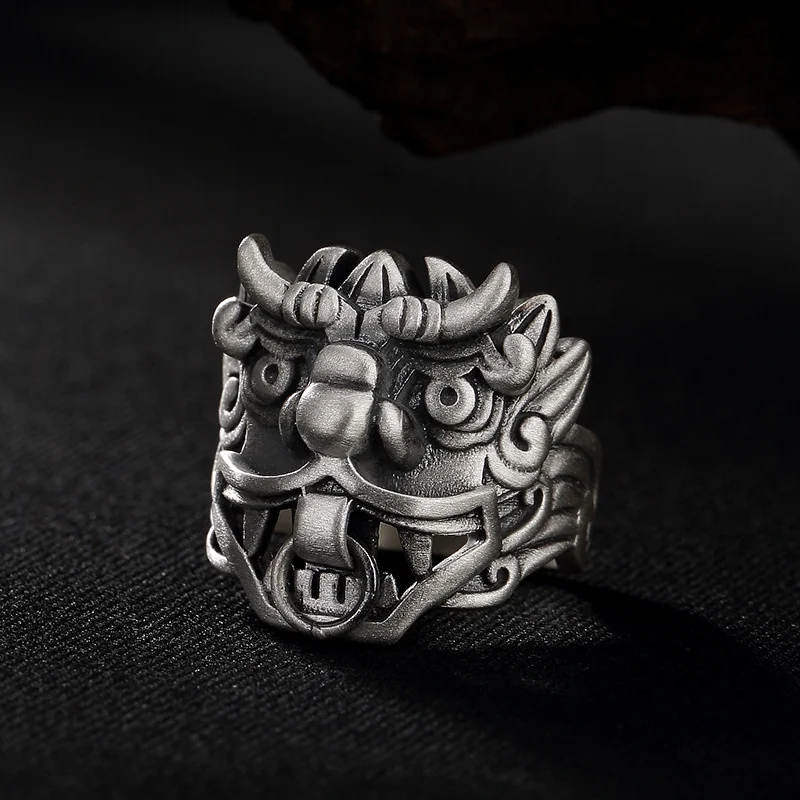 Vintage Divine Beast Taotie Design Men Ring Open Size Domineering Animal Pattern Male Index Finger Ring Adjustable