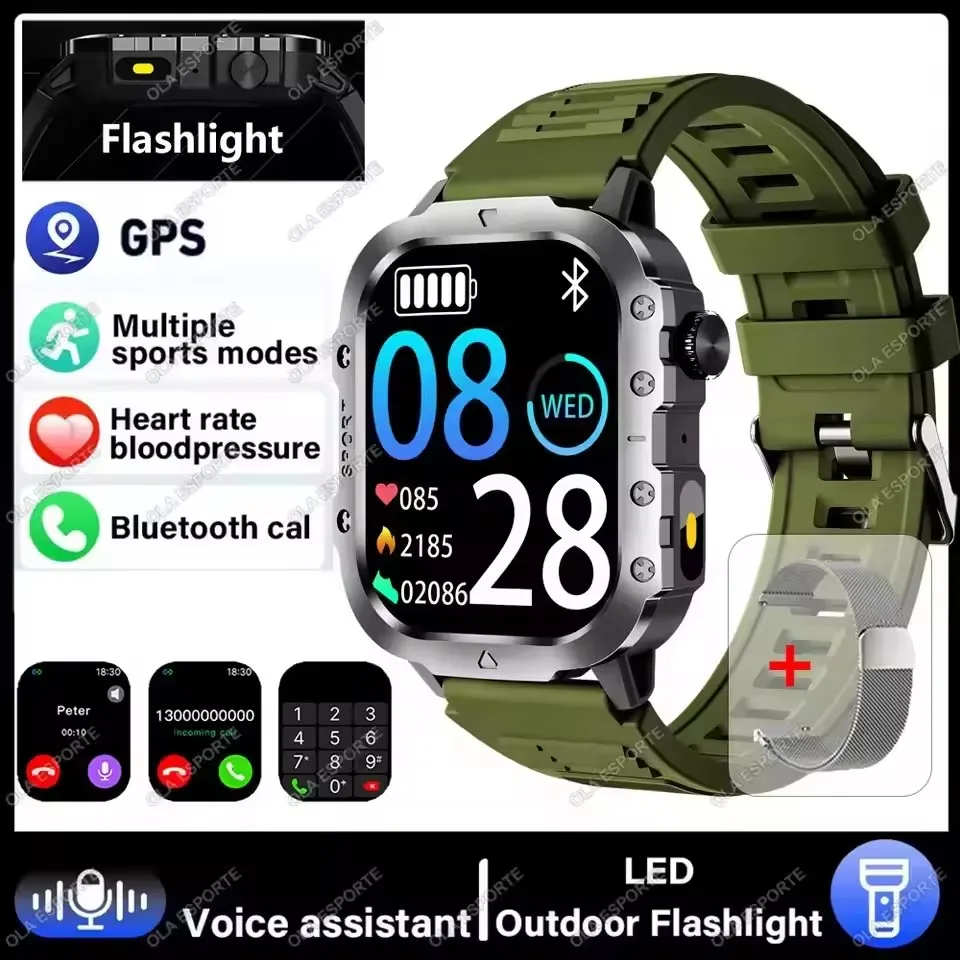 2026 Nieuwe Militaire Outdoor Smart Horloge Heren GPS Zaklamp Bluetooth Oproep 2.01 "AMOLED Scherm 3ATM Waterdichte Sport Smartwatch