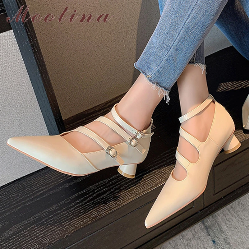 

Meotina Women Genuine Leather Ankle Strap Pointed Toe Buckle Flats Narrow Band Ladies Fashion Casual Shoes Spring Summer Beige