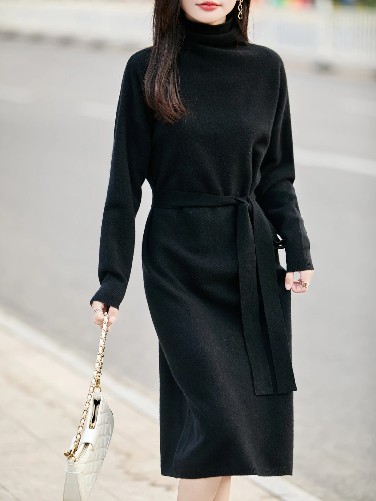 المرأة فستان من الصوف سترة 100% ميرينو الصوف محبوك تنورة طويلة الخريف الشتاء الياقة المدورة البلوز الصوف الخالص فضفاض تنورة مستقيمة