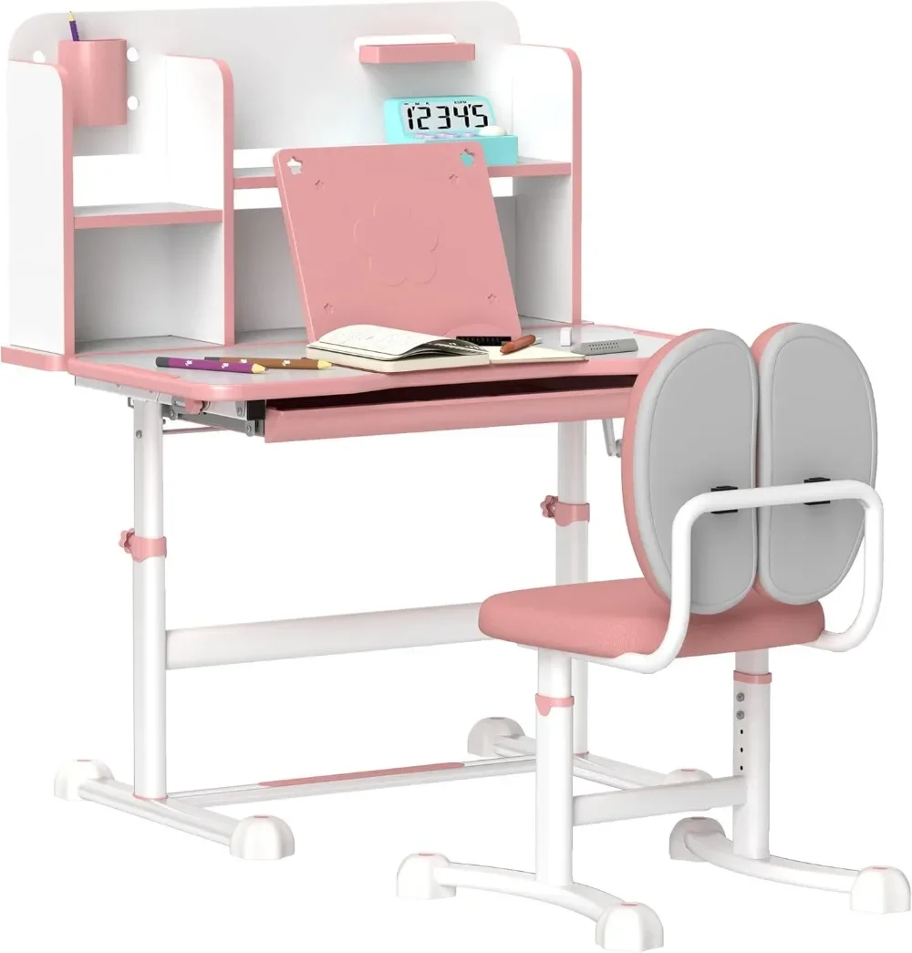 

Kids Desk and Chair Set, Height Adjustable Kids School Study Desk and Chair Set with Tilt Desktop, Storage Drawer