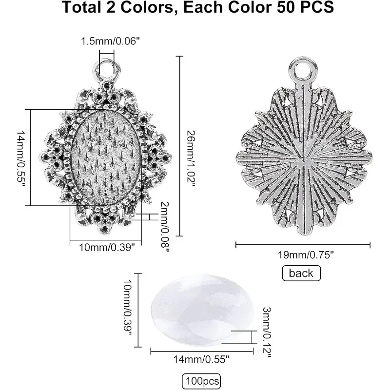 100pcs Blank Bezel Pendant Trays Base Wedding Bouquet Photo Charms Cabochon Settings Pendant with 100pcs Glass Cabochons