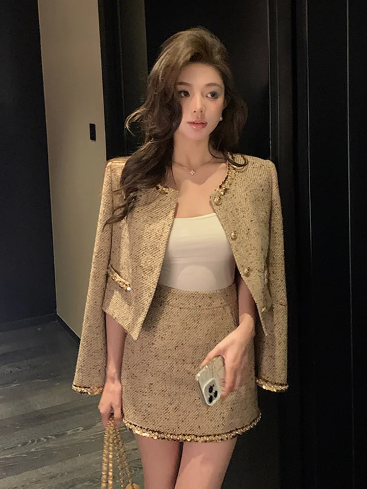 High Quality French Luxurious Small Fragrance 2 Piece Sets Women Outfits Fashion Vintage Jacket Coat + Skirt Two Piece Suits