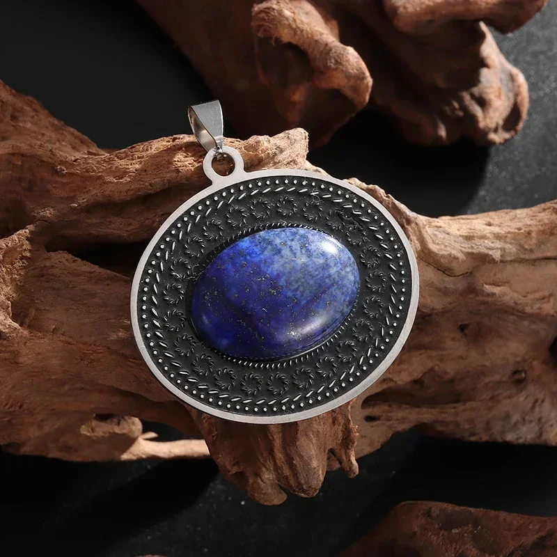 Retro Ethnic Style Oval Blue Gemstone Stainless Steel Pendant Necklace Women\\\'s Fashion Charm Hip-Hop Casual Jewelry