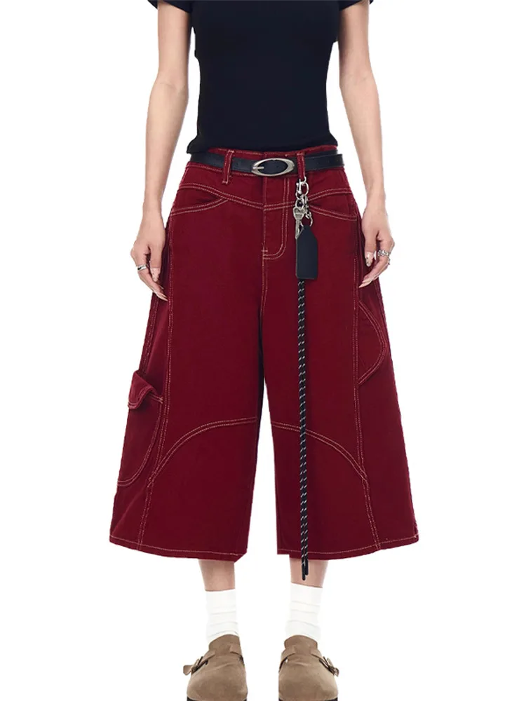 American Retro Deconstructed Red Workwear Seven-Foot Pants Damen Sommer New Design Sense Jeans Orts Multi-Jacket Casual H...