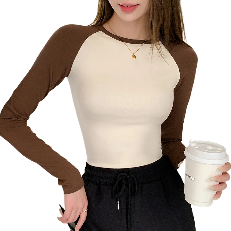 

Vintage Patchwork Ribbed T-shirt Women Autumn Casual Round Neck Long Sleeve Tee Shirt Retro Streetwear Chic Cotton T Shirt Tops