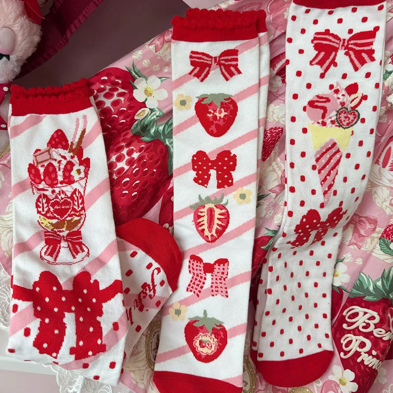 

Original Strawberry Buffy Ice Cream Middle Japanese Bow Polka Dots Lolita Lace Socks Middle Women's Socks