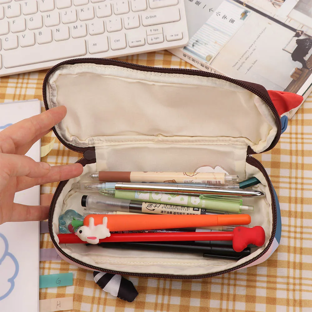 Cloth Cat Pencil Case Japanese Style Color Block Cartoon Pen Bag Multifunctional Patchwork Stationery Storage Bag Office