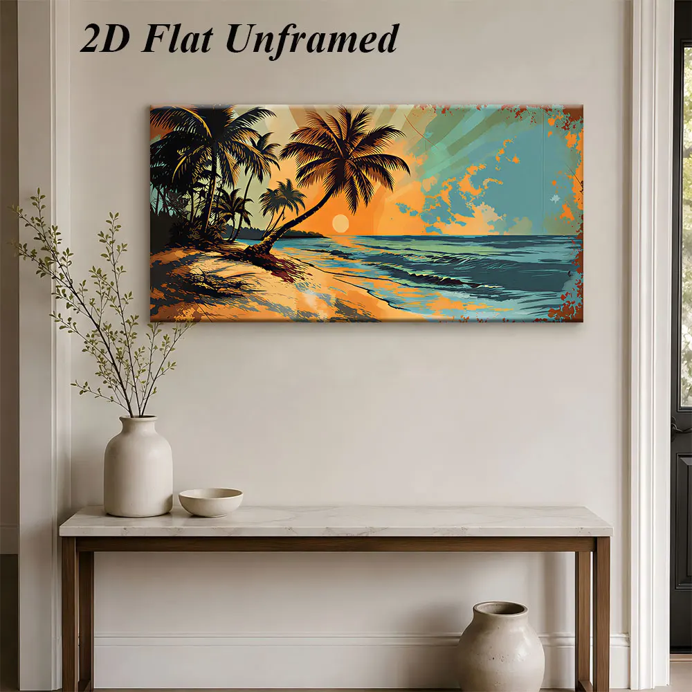 (1PC Unframe)1 Tropical Beach Sunset Frameless Decorative Painting Coconut Tree Wave Landscape Wall Painting 2D Plan