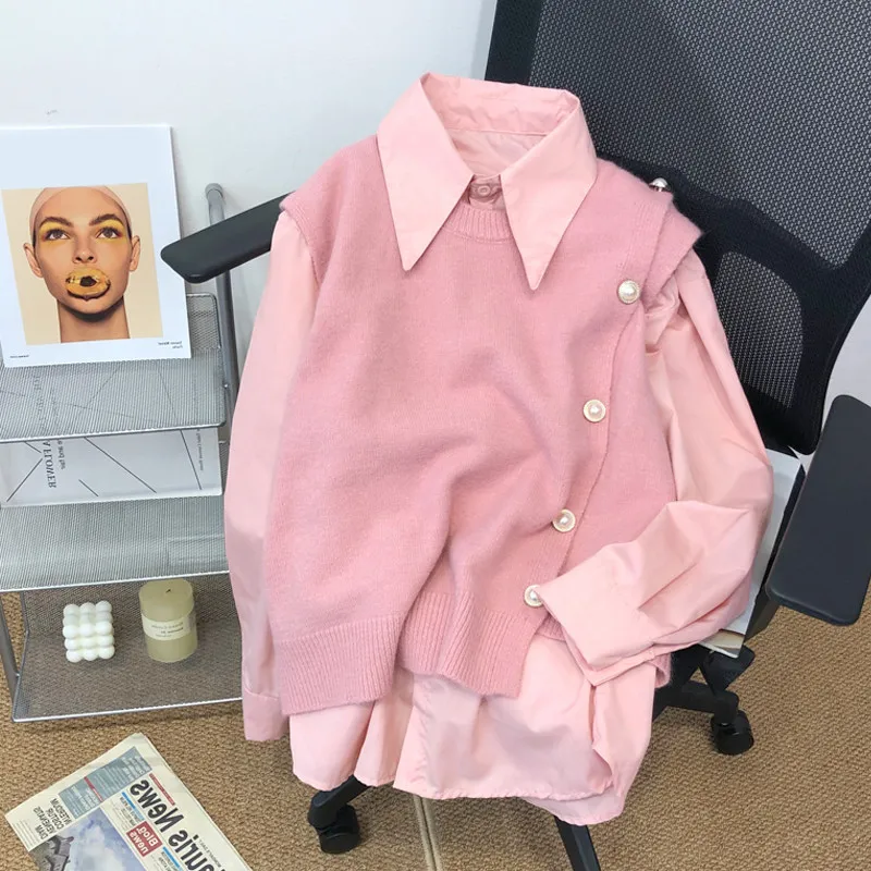 

Повседневный вязаный свитер и комплект из двух предметов для мужчин и женщин: осенне-зимний модный ансамбль премиум-класса в конфетных цветах, топ с длинным рукавом и жилет